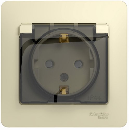 Розетка с заземлением с рамкой Systeme Electric Glossa 1-м. крышка шторки IP44 бежевый картинка